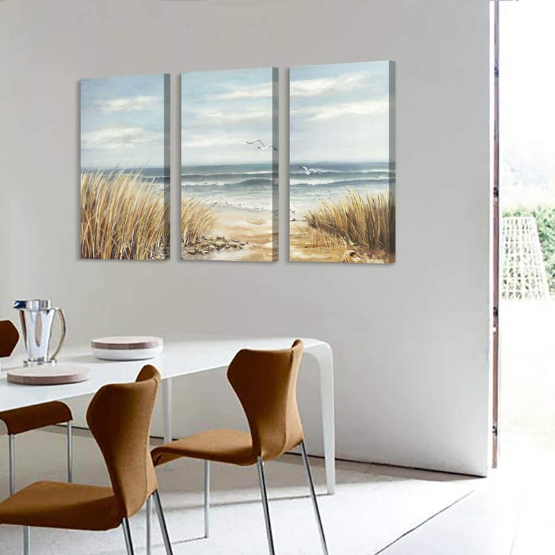 Hardy Gallery Abstract Beach Canvas Wall Art: Seashore Grasses Artwork Print Seascape Painting for Walls (26'' x 16'' x 3 Panels) - Image 5
